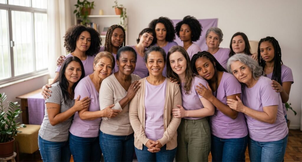 Mulheres maduras apoiam umas às outras em uma rede de apoio durante o Agosto Lilás e o enfrentamento à violência contra a mulher após os 40.