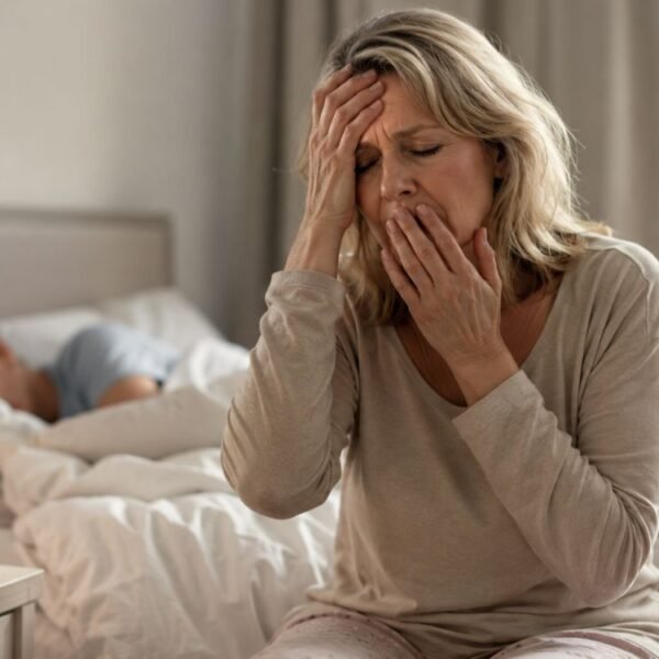 Mulher com apneia do sono na menopausa acordando cansada após uma noite de sono fragmentado.