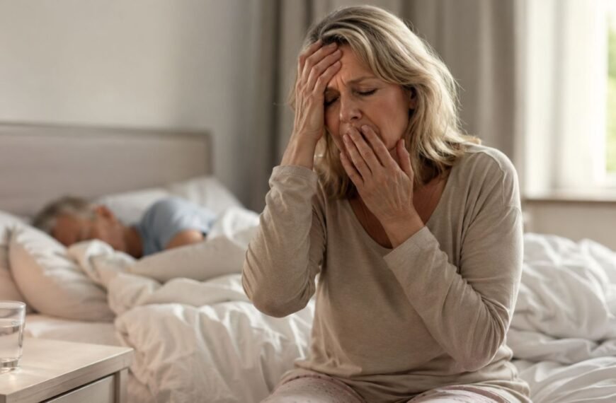 Mulher com apneia do sono na menopausa acordando cansada após uma noite de sono fragmentado.