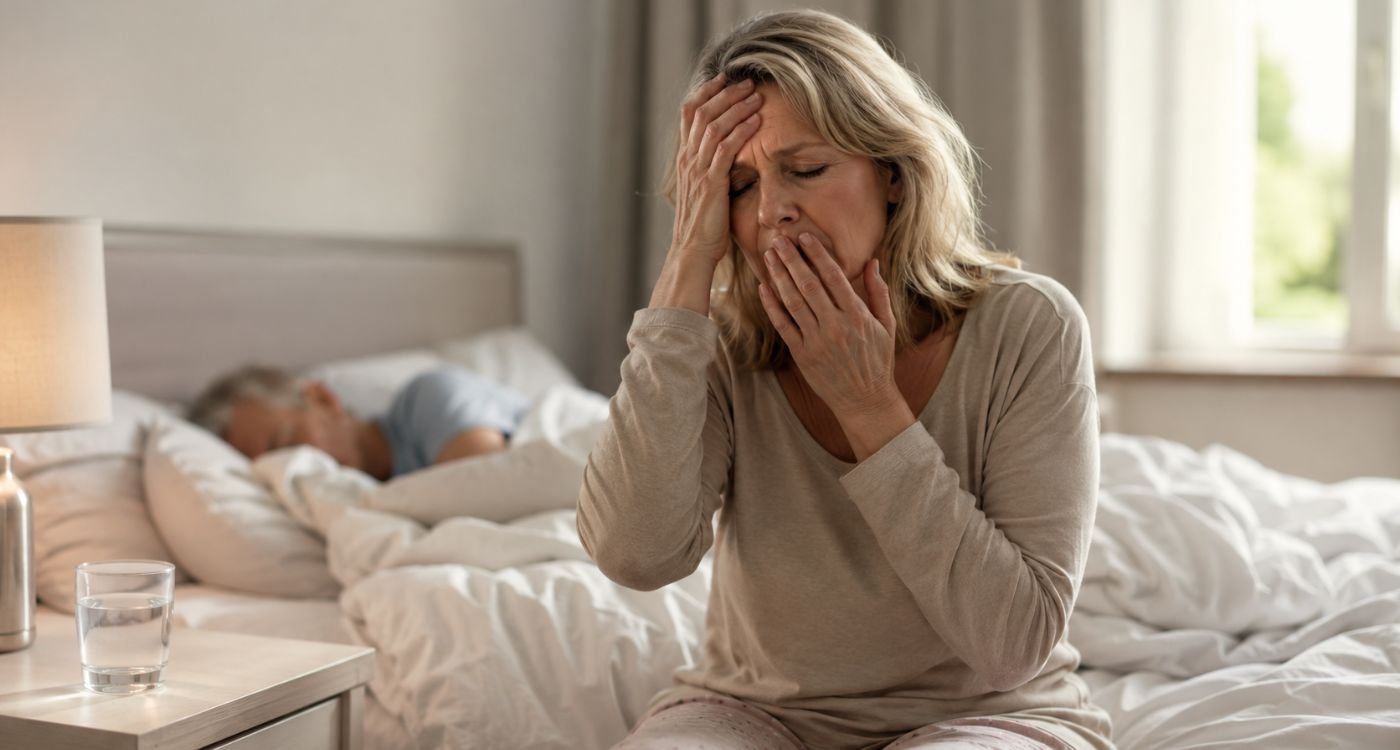 Mulher com apneia do sono na menopausa acordando cansada após uma noite de sono fragmentado.