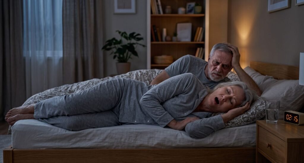 Mulher com apneia do sono na menopausa roncando de madrugada enquanto seu parceiro acorda irritado.