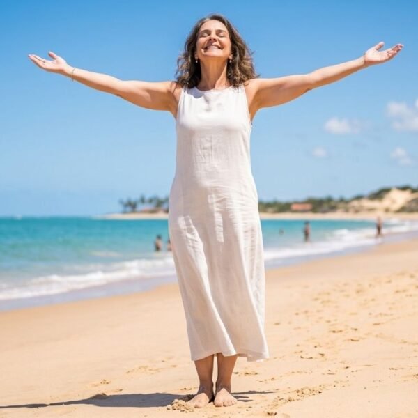 mulher 40+ aproveitando a vida, feliz, em uma praia em dia de sol