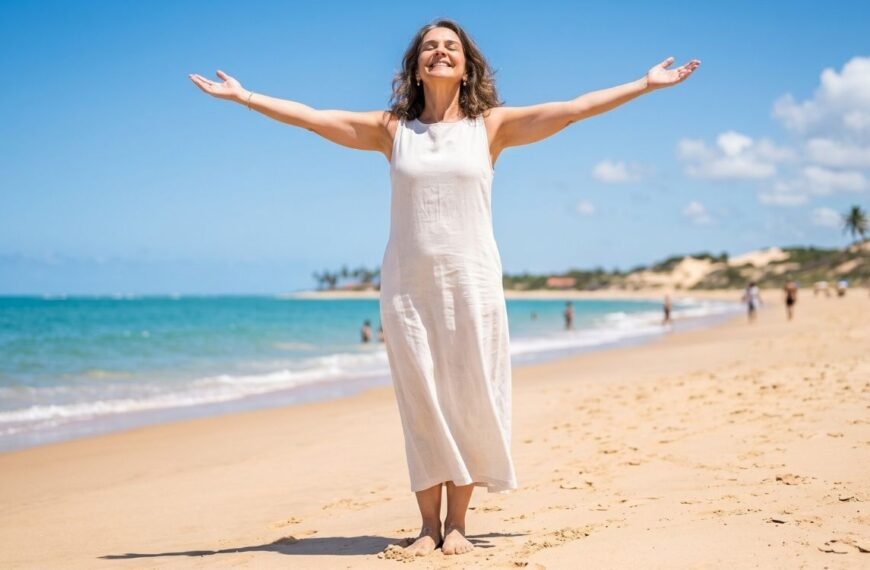 mulher 40+ aproveitando a vida, feliz, em uma praia em dia de sol