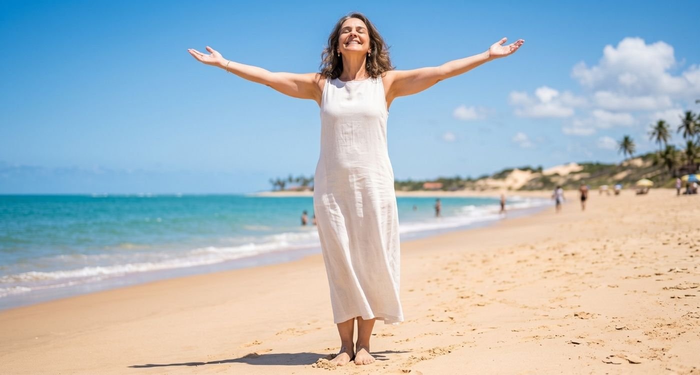 mulher 40+ aproveitando a vida, feliz, em uma praia em dia de sol