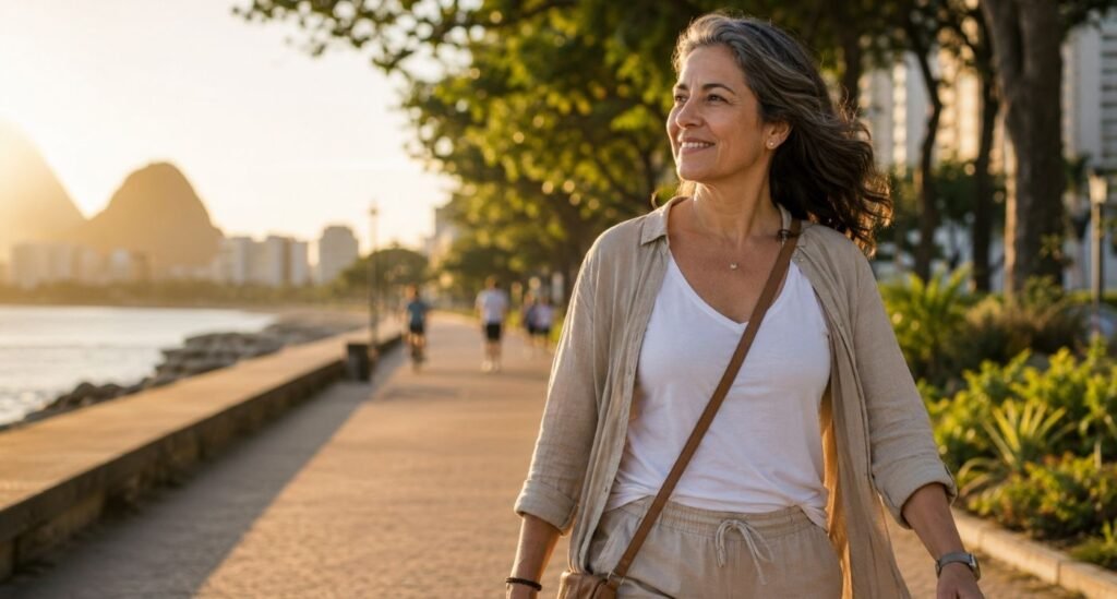 Mulher madura caminhando ao ar livre e sorrindo, representando aproveitar a vida depois dos 40.