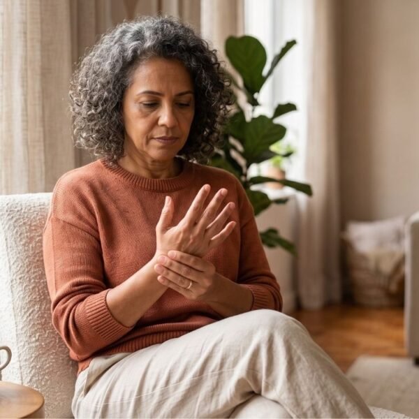 Mulher 50+ observando as mãos com desconforto, representando artrite reumatoide na menopausa.
