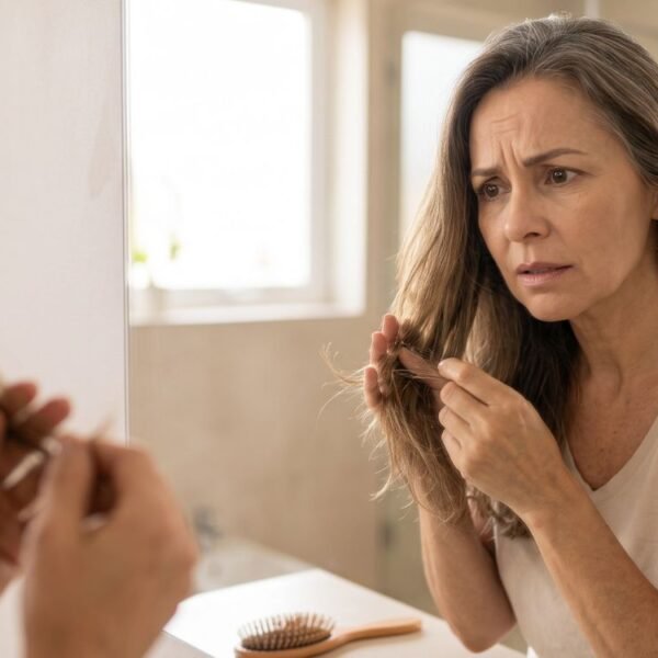 Mulher observa preocupada o cabelo ressecado na menopausa diante do espelho.