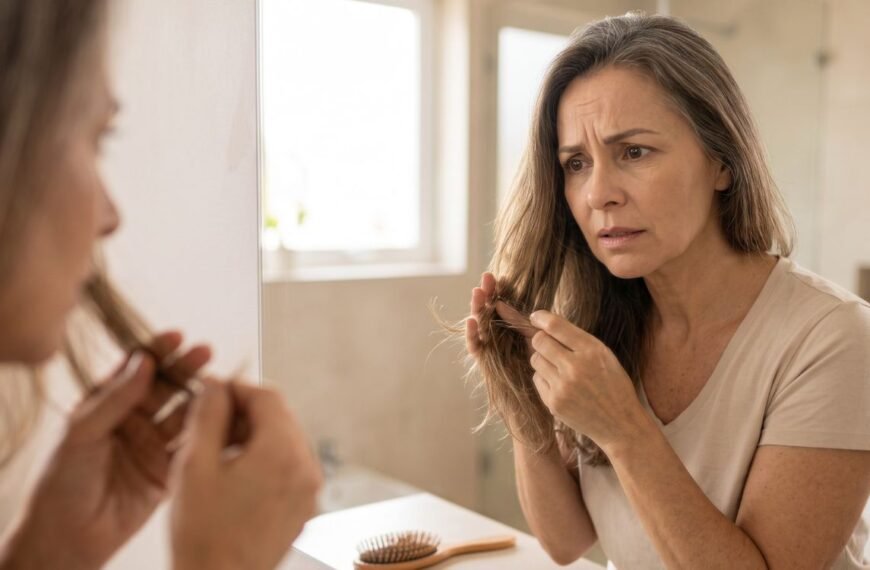 Mulher observa preocupada o cabelo ressecado na menopausa diante do espelho.