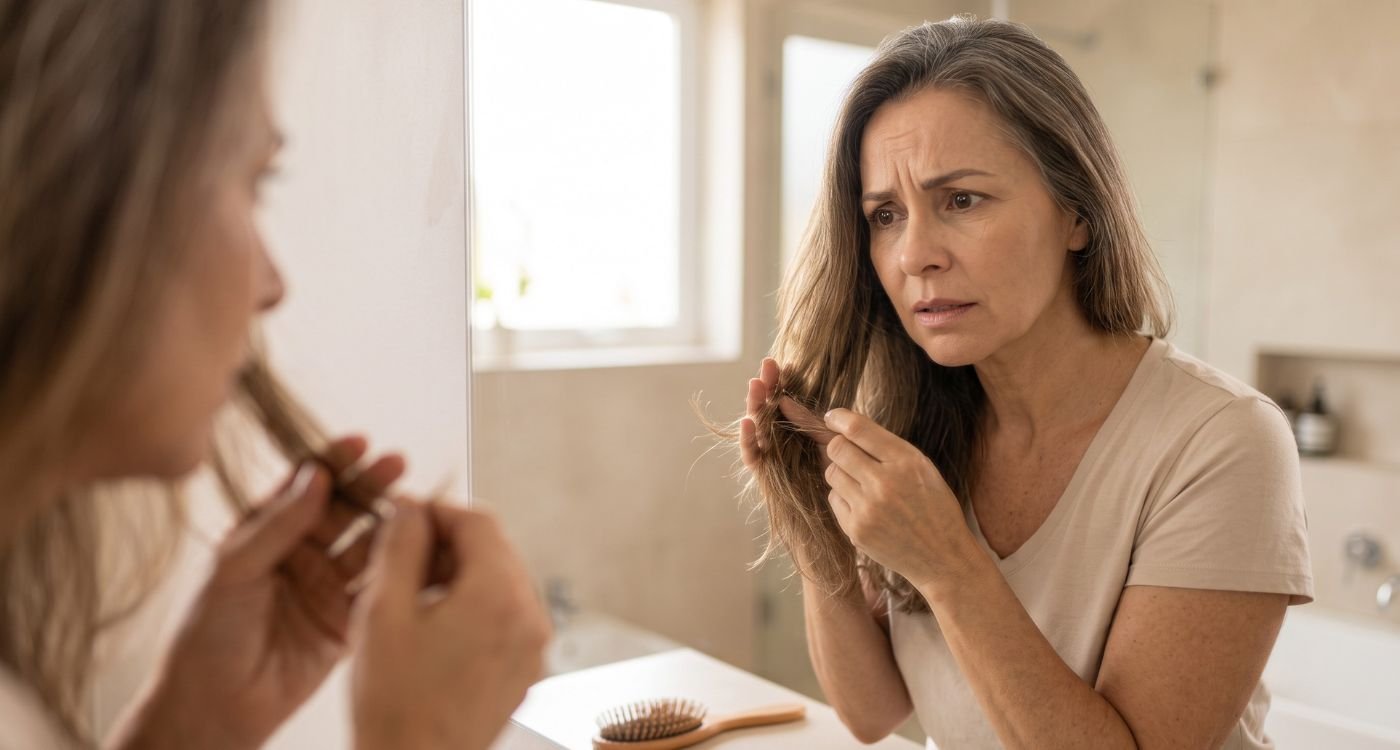 Mulher observa preocupada o cabelo ressecado na menopausa diante do espelho.