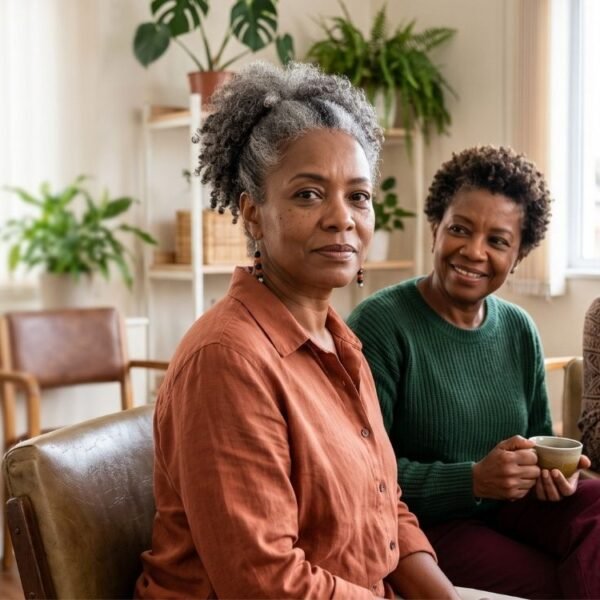 Mulheres negras 40+ reunidas, representando o climatério de mulheres negras, a escuta, a diversidade e o acesso equitativo à saúde.