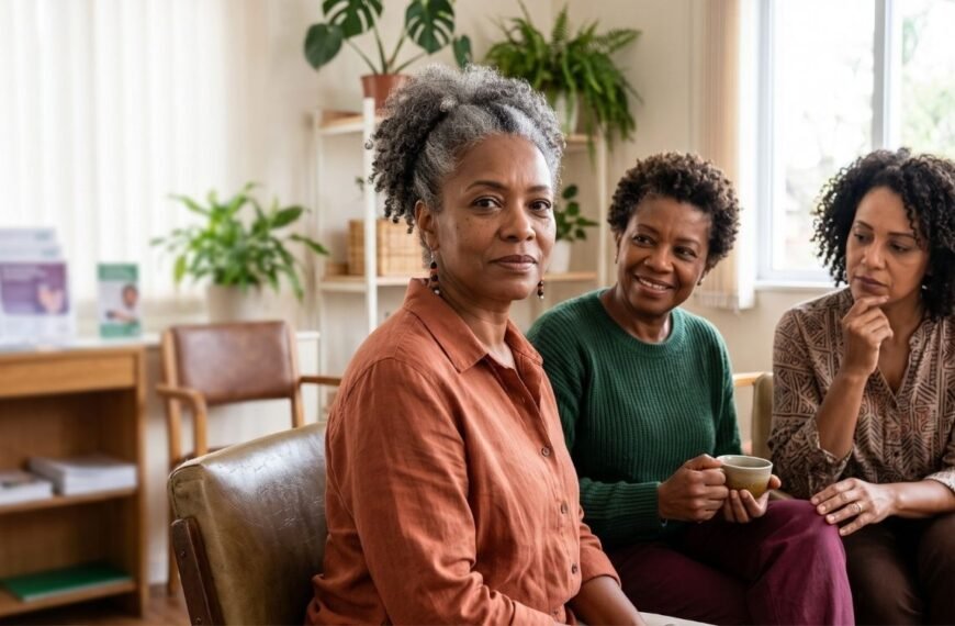Mulheres negras 40+ reunidas, representando o climatério de mulheres negras, a escuta, a diversidade e o acesso equitativo à saúde.