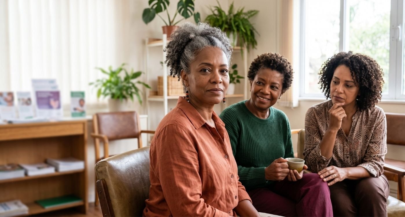 Mulheres negras 40+ reunidas, representando o climatério de mulheres negras, a escuta, a diversidade e o acesso equitativo à saúde.