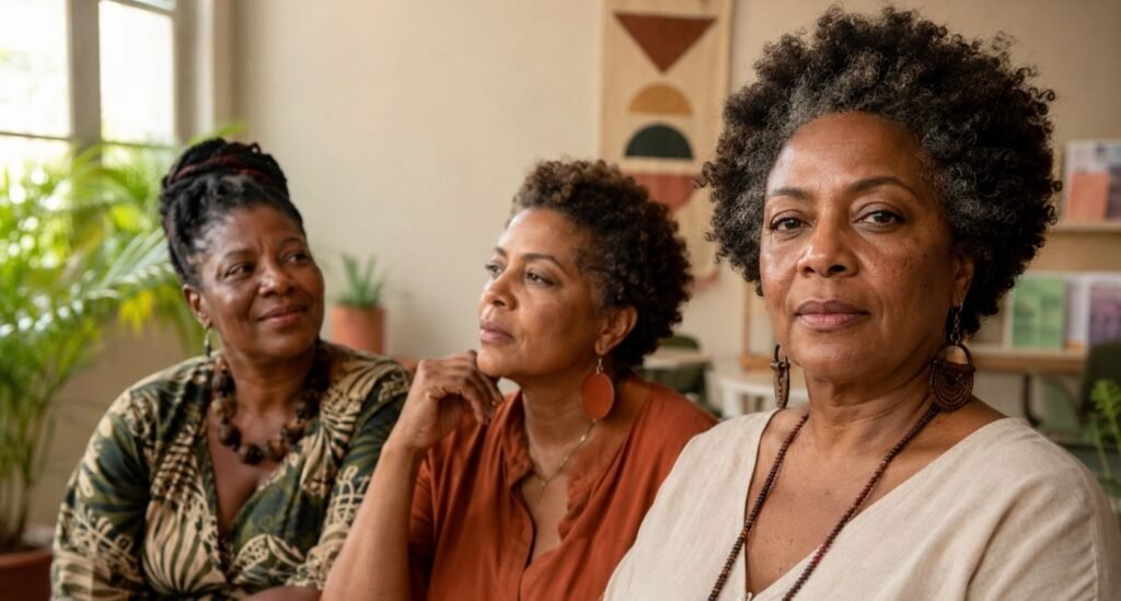 Mulheres negras 50+ reunidas, representando o climatério de mulheres negras, a escuta, a diversidade e o acesso equitativo à saúde.