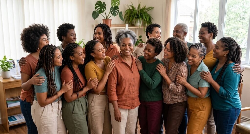 grupo de mulheres negras de todas as idades, reunidas, representando o climatério de mulheres negras, a escuta, a diversidade e o acesso equitativo à saúde.