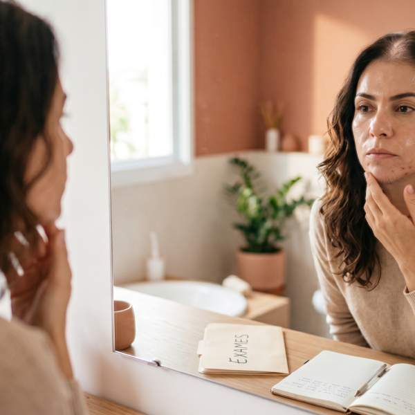 Mulher 50+ observa no espelho possíveis efeitos da testosterona em mulheres, como acne, oleosidade e alterações nos cabelos.