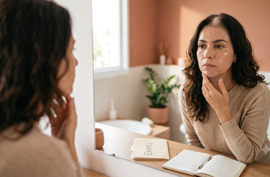 Mulher 50+ observa no espelho possíveis efeitos da testosterona em mulheres, como acne, oleosidade e alterações nos cabelos.