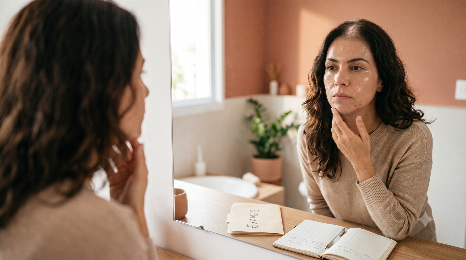 Mulher 50+ observa no espelho possíveis efeitos da testosterona em mulheres, como acne, oleosidade e alterações nos cabelos.