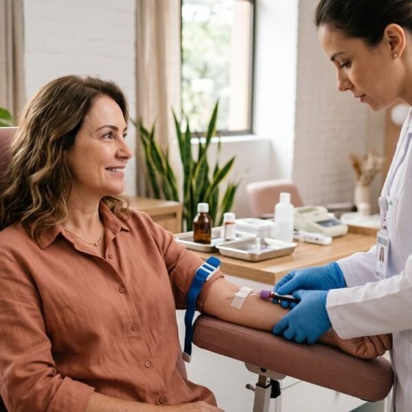 Mulher madura realizando coleta de sangue em clínica para avaliação hormonal.