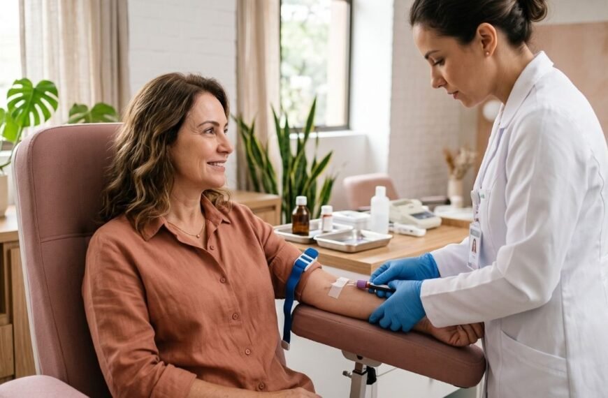 Mulher madura realizando coleta de sangue em clínica para avaliação hormonal.