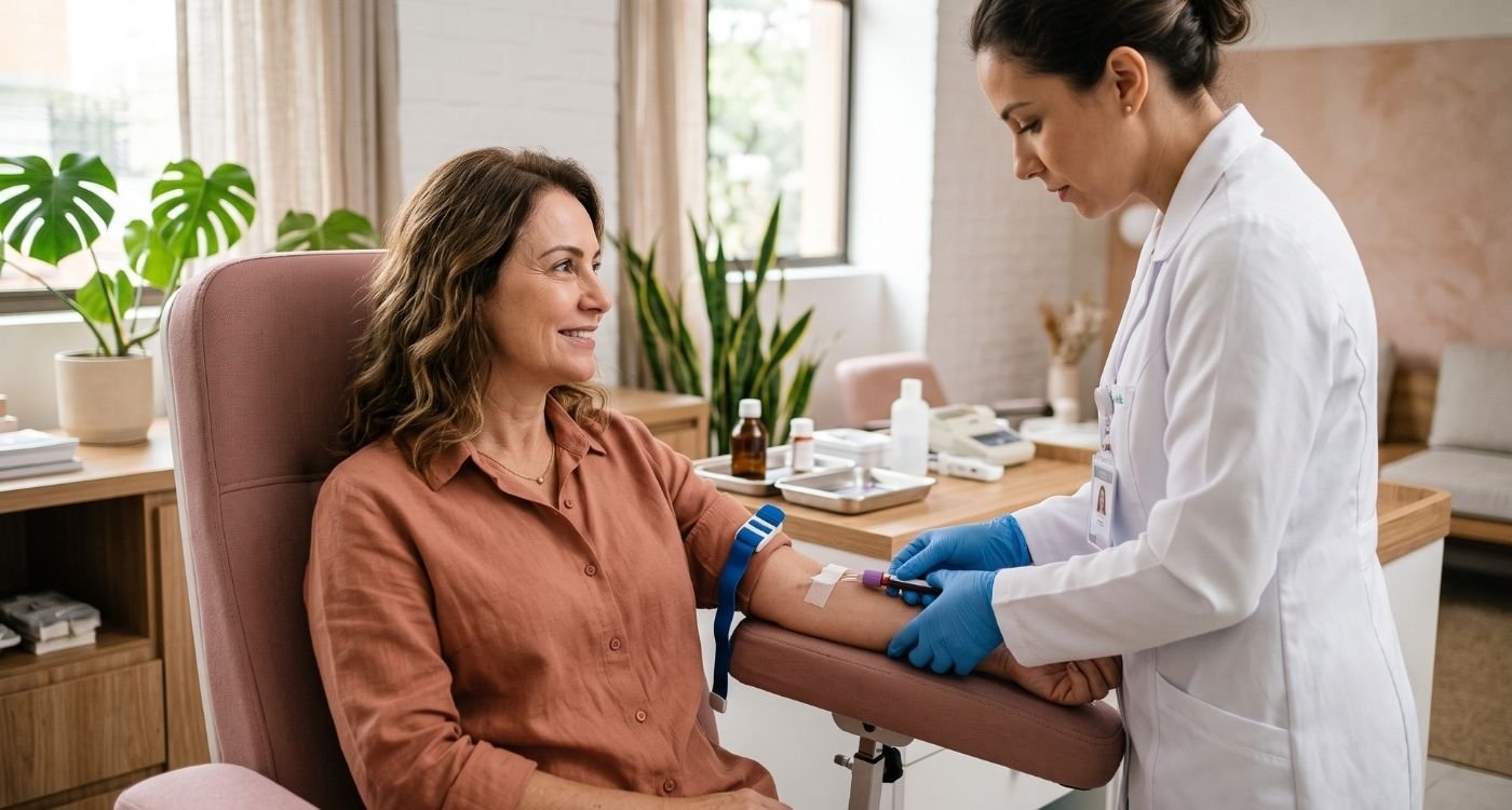 Mulher madura realizando coleta de sangue em clínica para avaliação hormonal.