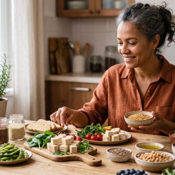 Mulher 40+ observando alimentos ricos em fitoestrógenos no climatério, como soja, tofu, linhaça e leguminosas.