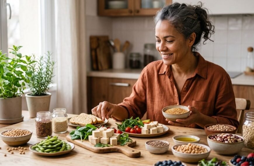 Mulher 40+ observando alimentos ricos em fitoestrógenos no climatério, como soja, tofu, linhaça e leguminosas.