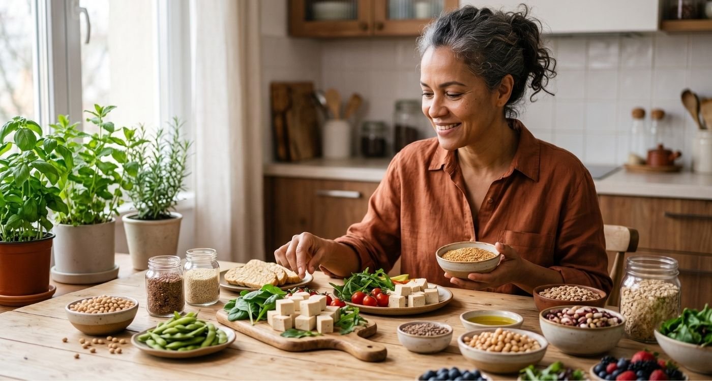 Mulher 40+ observando alimentos ricos em fitoestrógenos no climatério, como soja, tofu, linhaça e leguminosas.