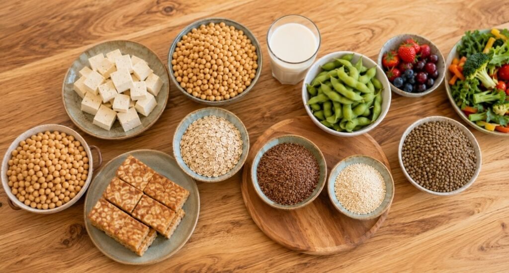 mesa farta com diversos alimentos ricos em fitoestrógenos, representando os fitoestrógenos no climatério