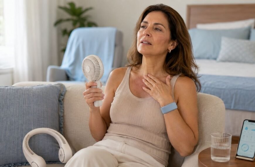 Mulher na perimenopausa utilizando gadgets para fogachos na menopausa em ambiente doméstico.