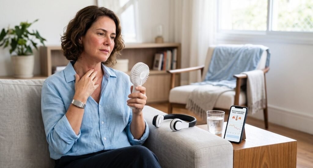Mulher na menopausa testando gadgets para fogachos na menopausa em ambiente doméstico.
