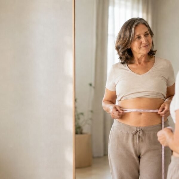 mulher 50+ em frente ao espelho avaliando gordura visceral na menopausa