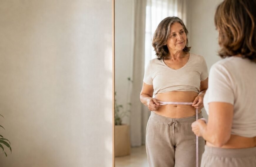 mulher 50+ em frente ao espelho avaliando gordura visceral na menopausa