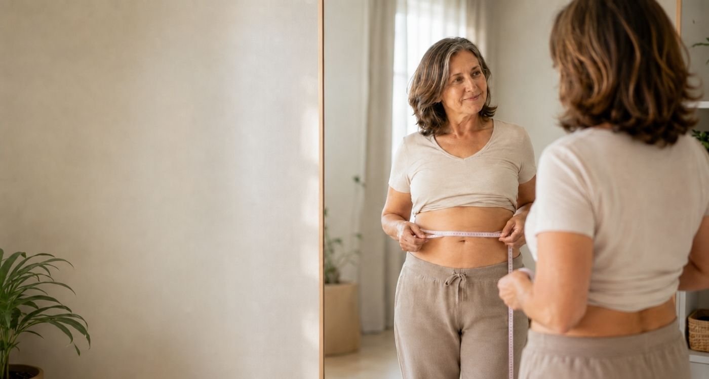 mulher 50+ em frente ao espelho avaliando gordura visceral na menopausa