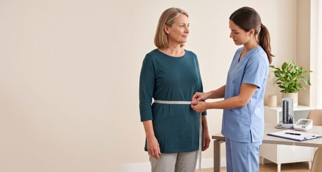 Mulher 50+ avalia a circunferência abdominal em consulta sobre gordura visceral na menopausa.