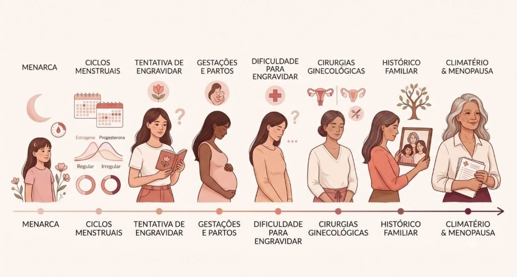 Linha do tempo feminina mostrando menarca, ciclos, gestações, cirurgias e histórico reprodutivo e menopausa de forma didática.