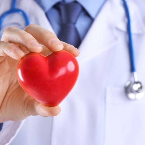 médico segurando um coração de borracha representando insuficiencia cardíaca na menopausa