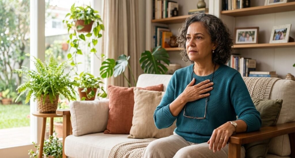 Mulher 50+ em casa, com expressão atenta e a mão no peito, representando insuficiência cardíaca na menopausa.