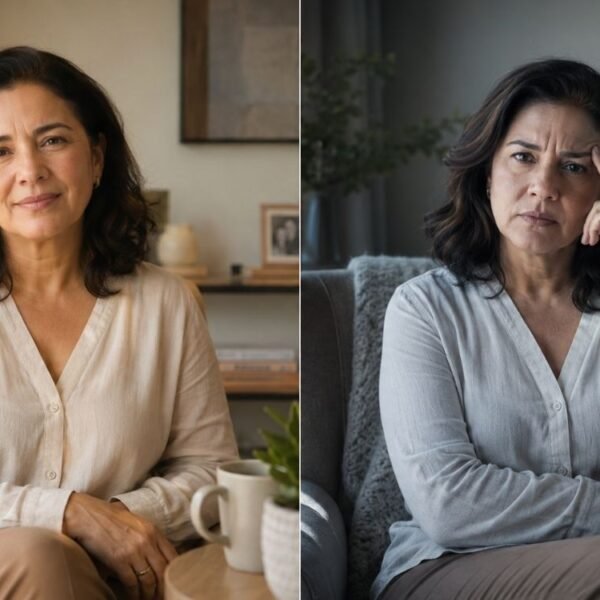 Mulher de 45 a 55 anos em dois estados emocionais contrastantes, representando menopausa e bipolaridade em ambiente doméstico.