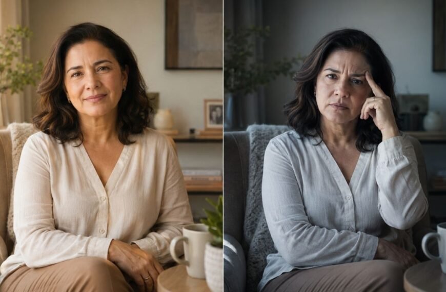 Mulher de 45 a 55 anos em dois estados emocionais contrastantes, representando menopausa e bipolaridade em ambiente doméstico.