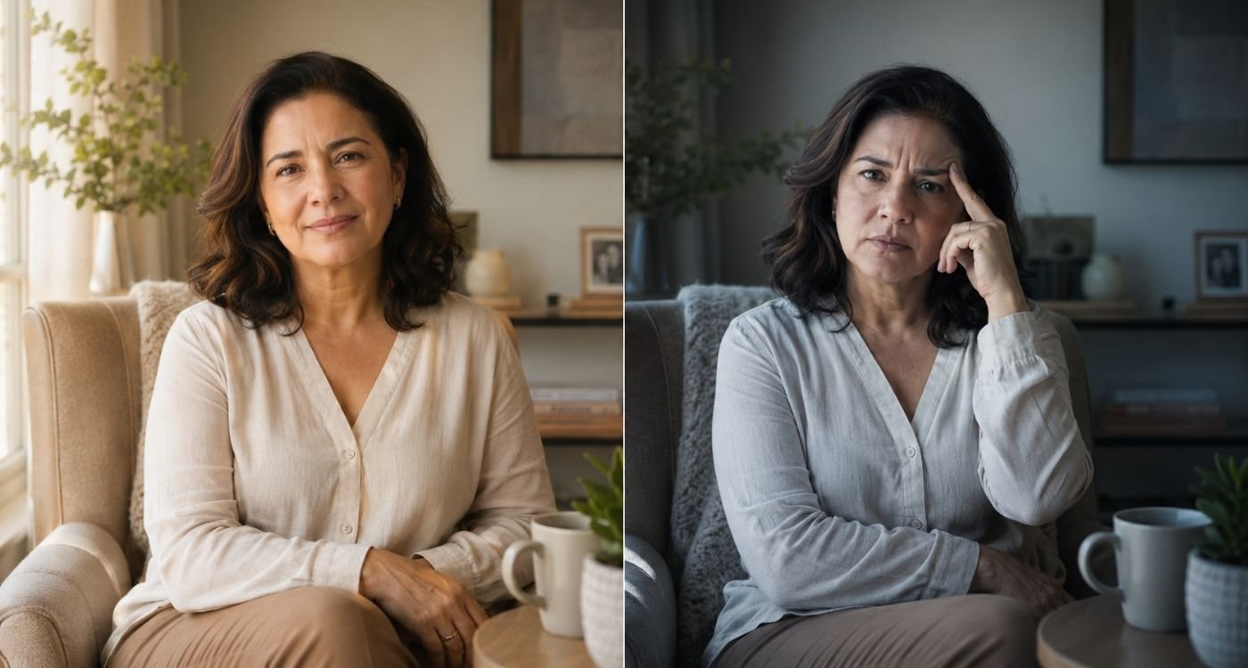 Mulher de 45 a 55 anos em dois estados emocionais contrastantes, representando menopausa e bipolaridade em ambiente doméstico.