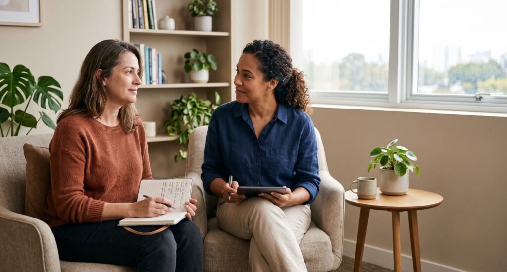 Mulher na perimenopausa em consulta acolhedora sobre menopausa e bipolaridade.