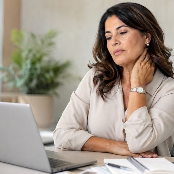 Mulher madura faz uma pausa no trabalho enquanto lida com sintomas da menopausa. no trabalho