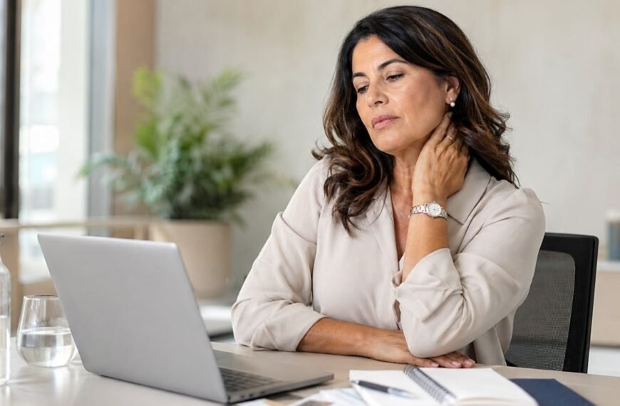 Mulher madura faz uma pausa no trabalho enquanto lida com sintomas da menopausa. no trabalho