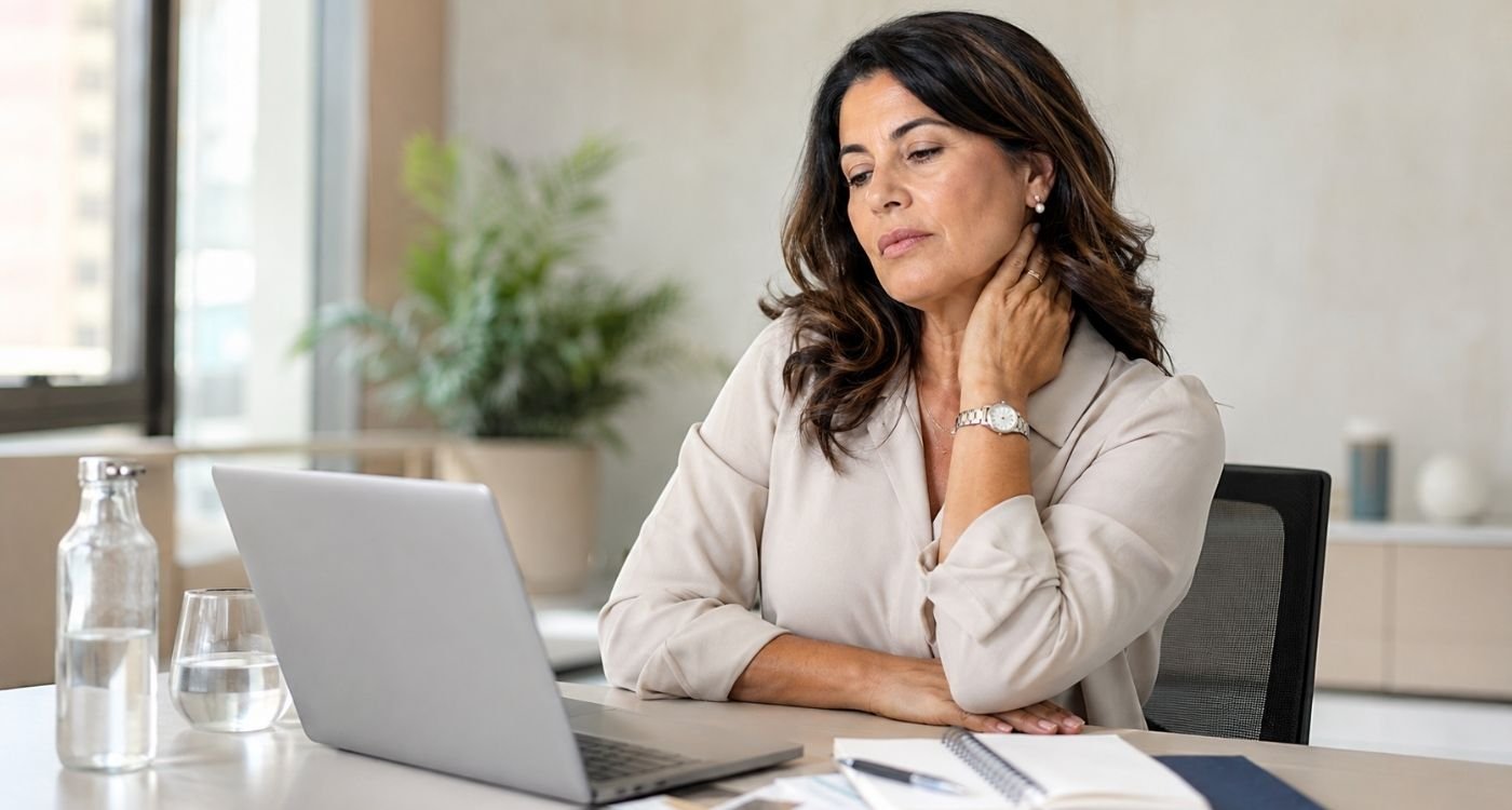 Mulher madura faz uma pausa no trabalho enquanto lida com sintomas da menopausa. no trabalho