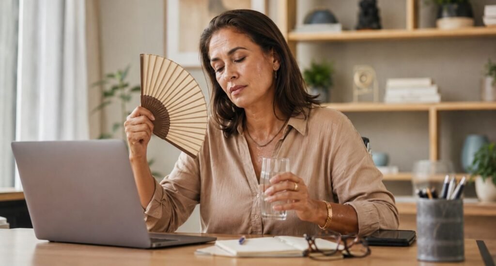Mulher madura em ambiente de trabalho lidando com sintomas da menopausa no trabalho, durante a rotina profissional.
