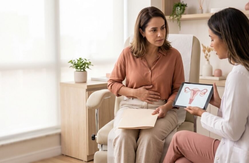 Mulher com endometriose conversa com ginecologista sobre menopausa precoce após endometriose e histórico de cirurgias ovarianas.