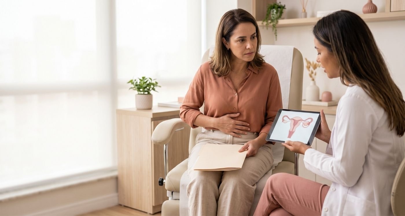 Mulher com endometriose conversa com ginecologista sobre menopausa precoce após endometriose e histórico de cirurgias ovarianas.