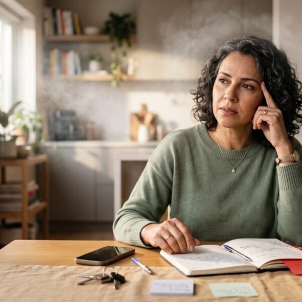 Mulher de meia-idade refletindo sobre névoa mental ou TDAH na perimenopausa.
