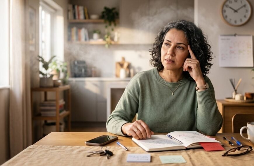 Mulher de meia-idade refletindo sobre névoa mental ou TDAH na perimenopausa.