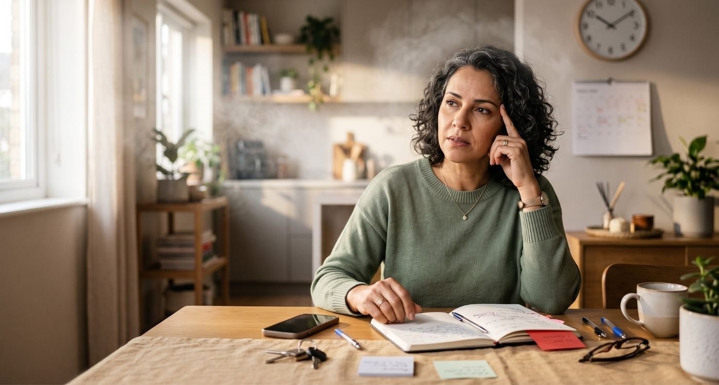 Mulher de meia-idade refletindo sobre névoa mental ou TDAH na perimenopausa.